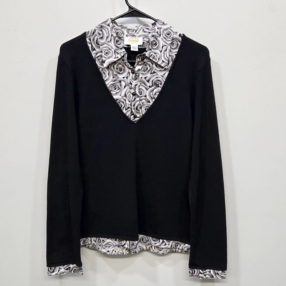 Talbots Sweaters - Talbots Layered Sweater Large Vintage Y2K Black Rose Floral V Neck Dark Romantic